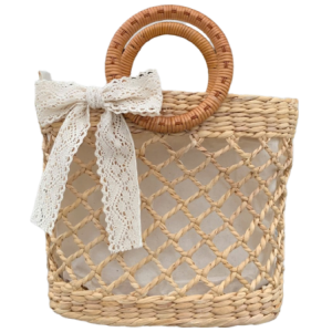 Fashionable Water Hyacinth Hand Bag with Rattan Handles