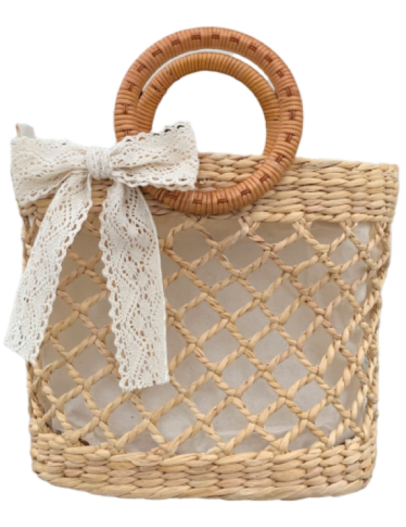 Fashionable Water Hyacinth Hand Bag with Rattan Handles