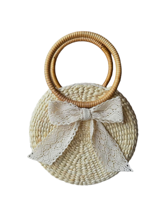 Round Water Hyacinth Hand Bag with Rattan Handles