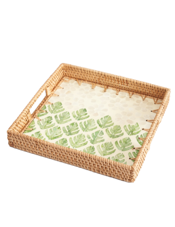Square Rattan Serving Tray Mother of Pearl