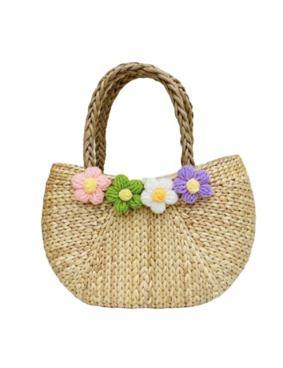 Woven Water Hyacinth Hand Bag with Decorative Flower